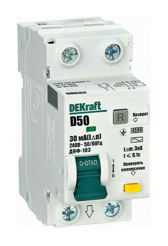 Дифавтомат DEKraft ДИФ-103 1P+N 50А (D) 4.5 кА, 30 мА ( AC ), 16066DEK