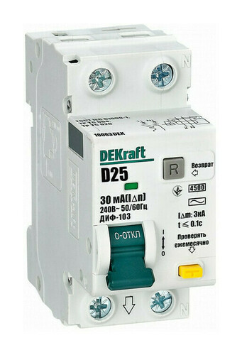 Дифавтомат DEKraft ДИФ-103 1P+N 25А (D) 4.5 кА, 30 мА ( AC ), 16063DEK