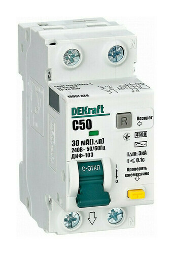 Дифавтомат DEKraft ДИФ-103 1P+N 50А (C) 4.5 кА, 30 мА ( AC ), 16057DEK