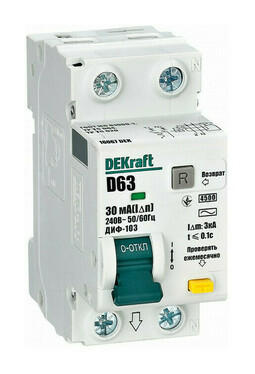 Дифавтомат DEKraft ДИФ-103 1P+N 63А (D) 4.5 кА, 30 мА ( AC ), 16067DEK
